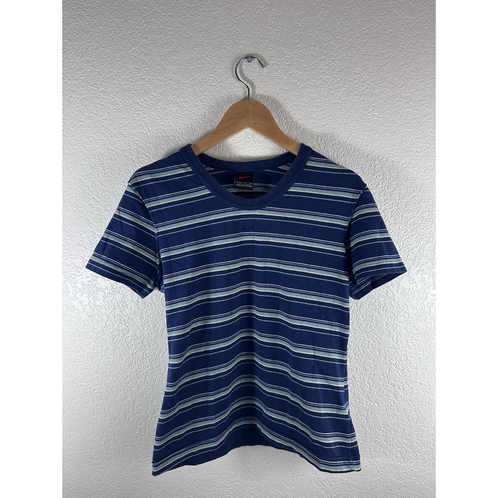 Vintage Nike Mini Swoosh Striped T Shirt Blue Youth Size 4-6 Y2K